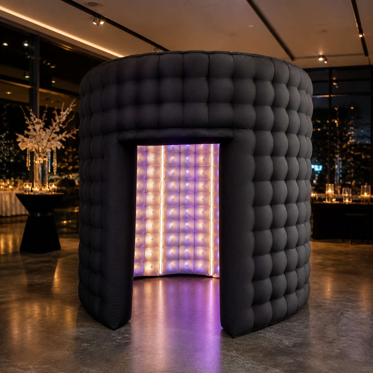 Black LED inflatable photobooth enclosure at an upscale event
